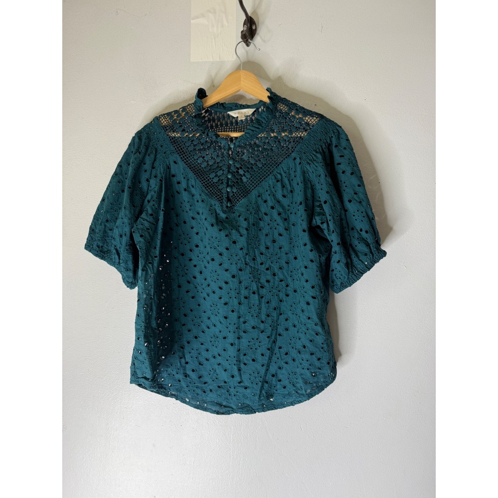 Adiva crochet green teal lace eyelet short‎ puff sleeve top large